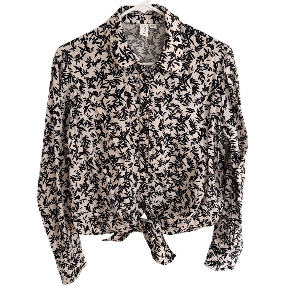 Joie Black White Leaf Print Front Tie Button Up Blouse Medium Boho Office Casual